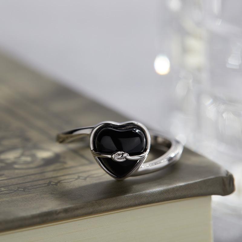 Original Design S925 Sterling Silver Inlaid With Natural Black Agate Heart-Shaped Love Special-Shaped Ring For Women'S Niche Light Luxury Index Finger
