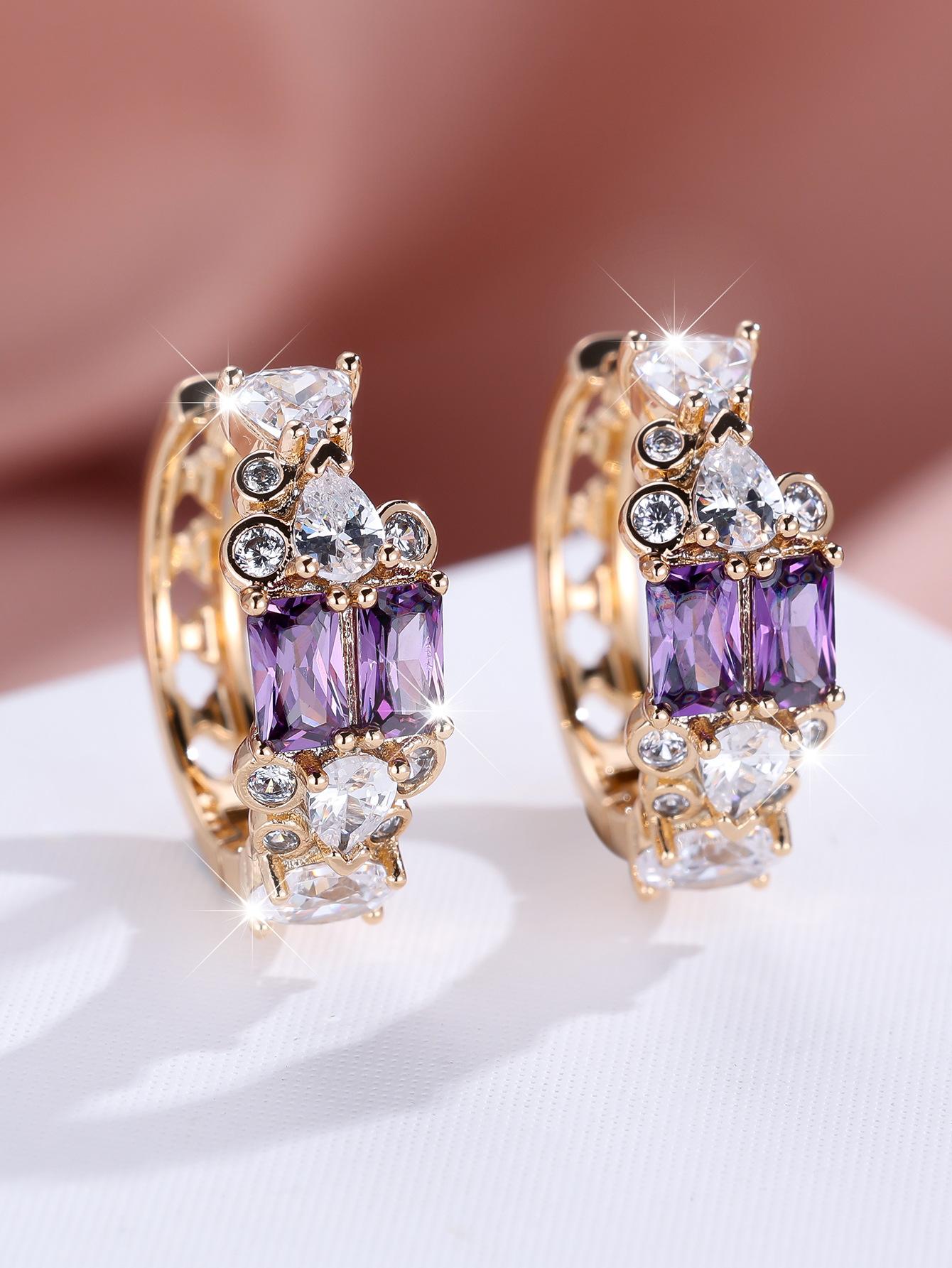 

Explosive geometric color zircon ear buckle women s wind rectangle exquisite women s earrings jewelry