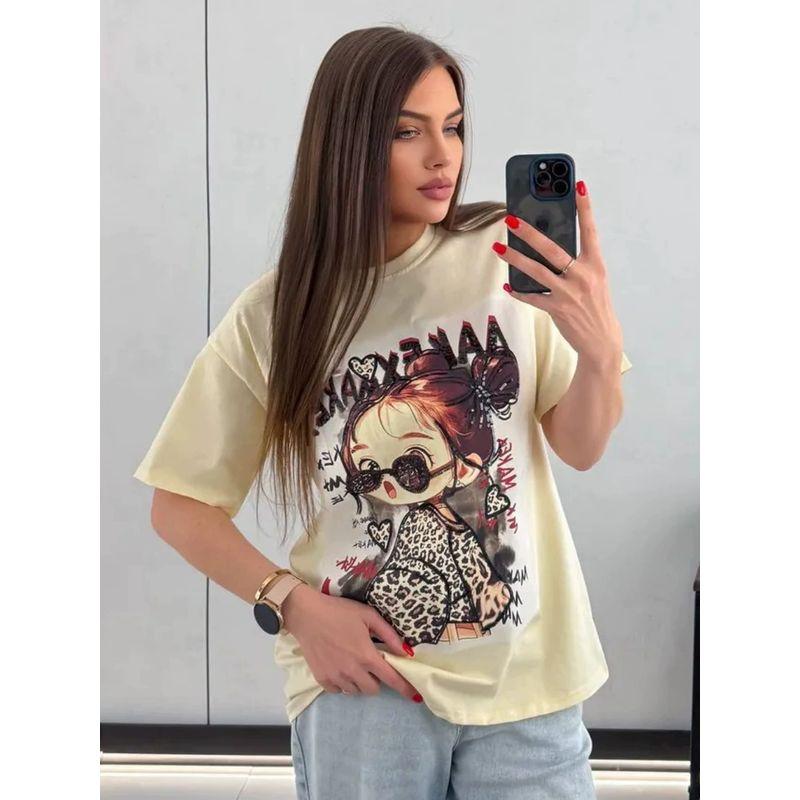 Loose Printed T-shirt Top Western Style New Fashion Print Letter Loose Cotton T-shirt Top