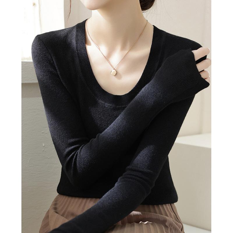 Solid color basic bottom top women's spring new U-neck slim-fitting long-sleeved T-shirt knitted sweater