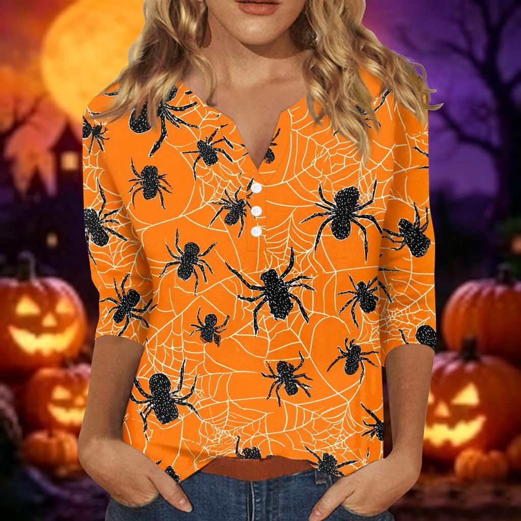 Women Casual Halloween Print V Neck Short Sleeve Button Detail Three Quarter Sleeve T Shirt Top