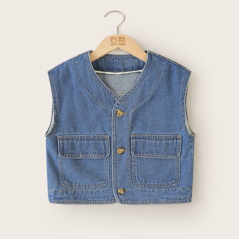 Boys  Mountain-Style Outdoor Denim Vest, 2025 Spring New Model, Children s Spring Baby Vest, Toddler Children s Clothing Top Blue 90