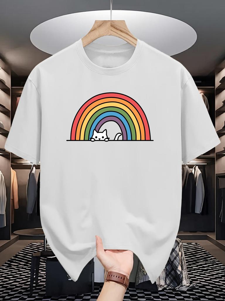 Rainbow Peeking Cat Print Mens Crew Neck T Shirt Simple Cute Pet Cartoon Graphic Short Sleeve Casual Cotton Trendy Street Tees