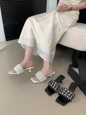 Fashion High-Heeled Shoes Lady Ladies' Slippers Low Luxury Slides Square Toe Slipers Women Jelly Flip Flops Designer 2025 Glitter Thin