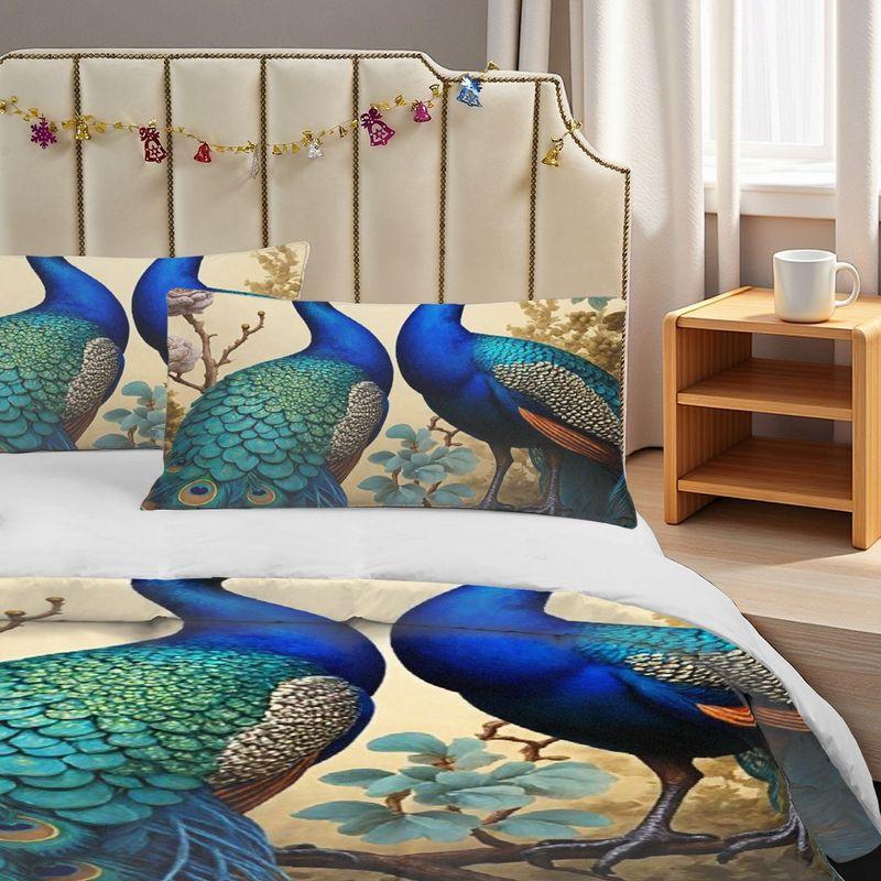 Spring And Summer Theme Pillowcase Quilt Cover 3Pcs Bedding Blue Peacock Pattern Suitable For Bedroom Hotel Dormitory Decoration