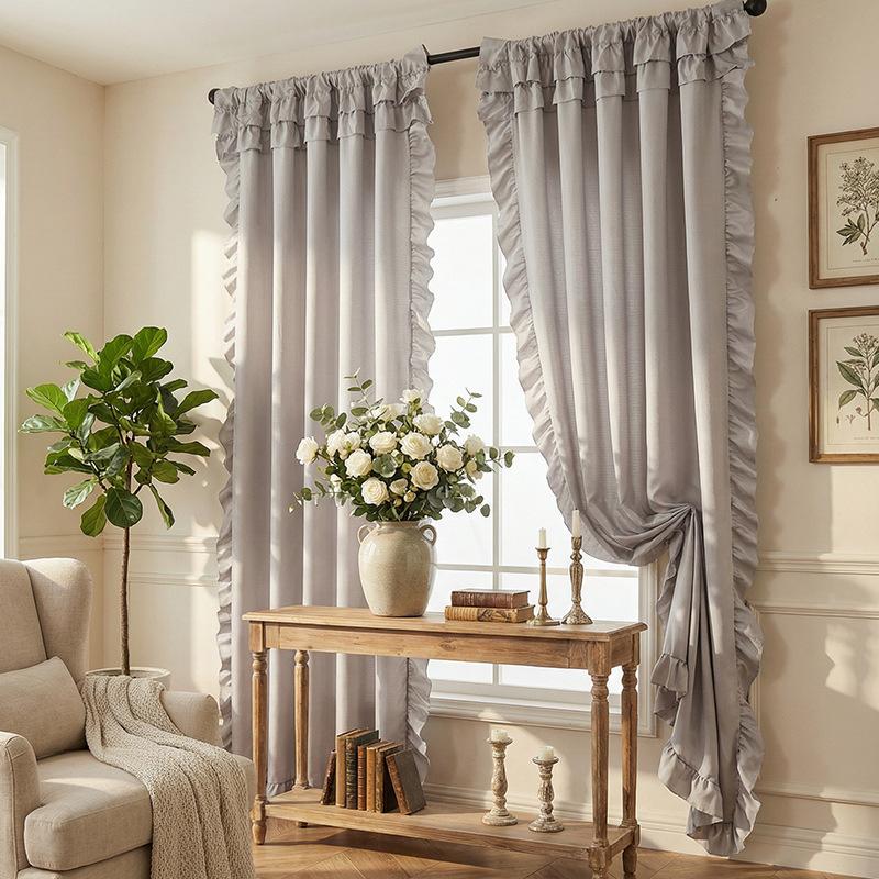 Phantom Yarn Thickened Curtains Finished Semi-Blackout Bay Window Living Room Bedroom French Cream Style Premium Sense Solid Color Versatile