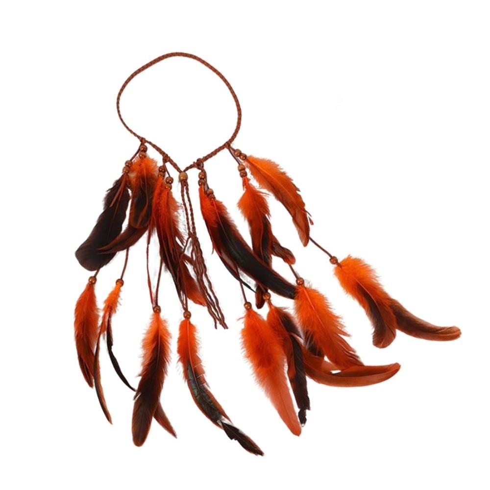 Индейская tribal повязка на голову с кисточками из перьев, деревянными бусинами, богемная повязка, этнический головной убор, цыганский фестиваль оранжевый