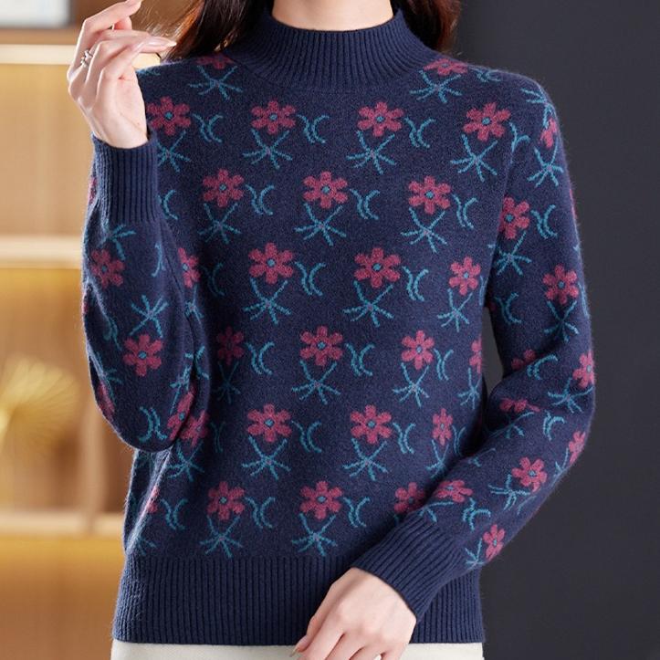 Jacquard Sweater Loose Half Turtleneck Knitted Sweater for Women In Autumn and Winter Fashionable and Casual Pullover