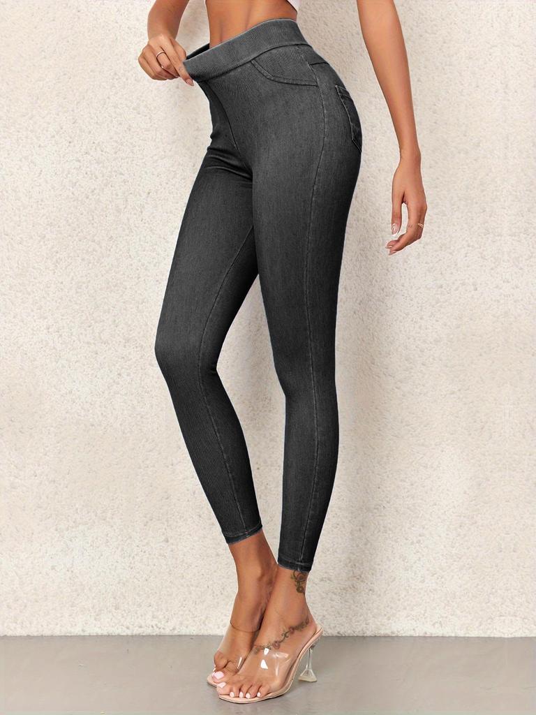 European-Style Faux Denim Yoga Pants: Slimming, High-Waist, Tummy Control, Leg-Lifting, Hip-Enhancing with Pockets.