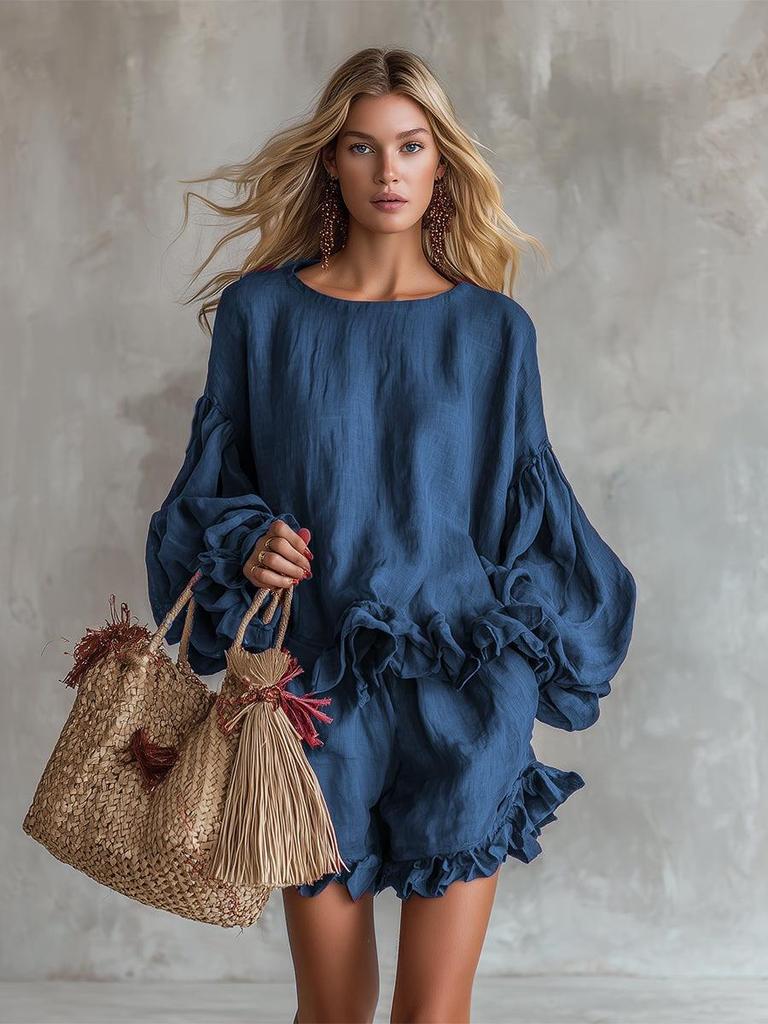 Set de top cu mânecă tip felinar și pantaloni scurți cu volane pentru femei, ediția 2026 European & American - Modă Primăvară/Vară
