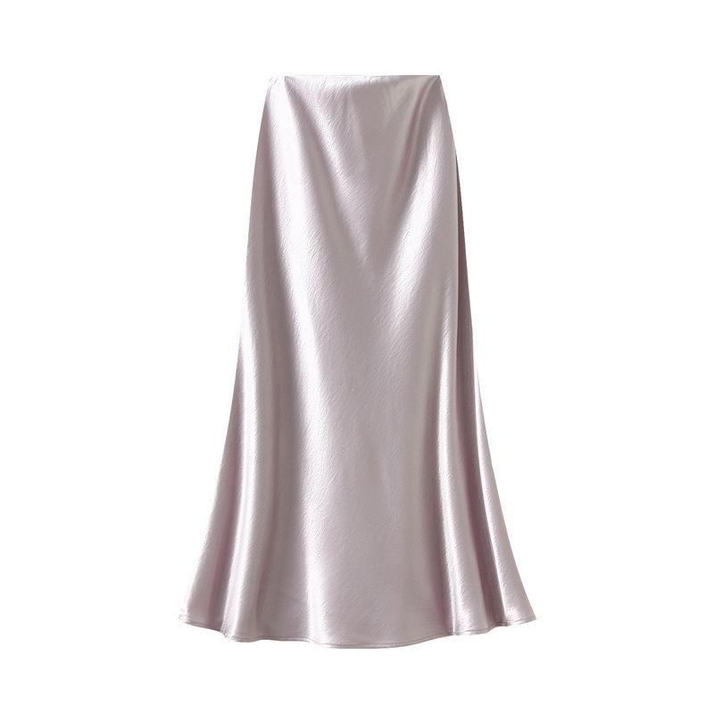 Qooth Elegant Women Satin Fishtail Skirt Maxi Length Bodycon Slim Elastic Waist Skirt QT2762