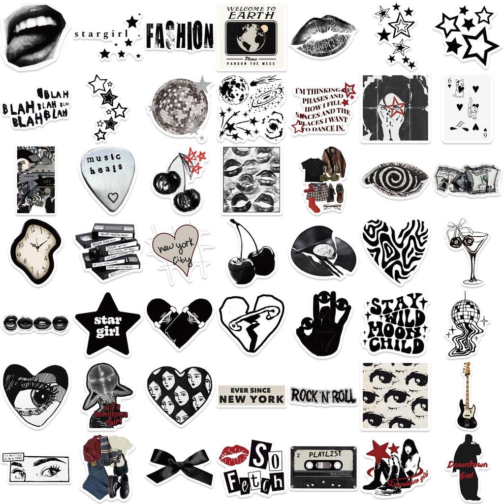 50 Y2K Black & White Retro Journal Stickers - Waterproof Cute DIY Decoration for Suitcase & Guitar
