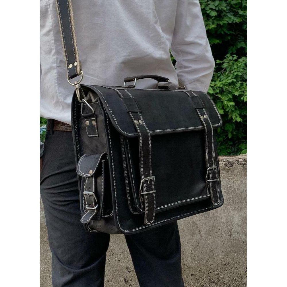 Geanta de umar Messenger din piele vintage neagra lucrata manual Rucsac Geanta pentru laptop