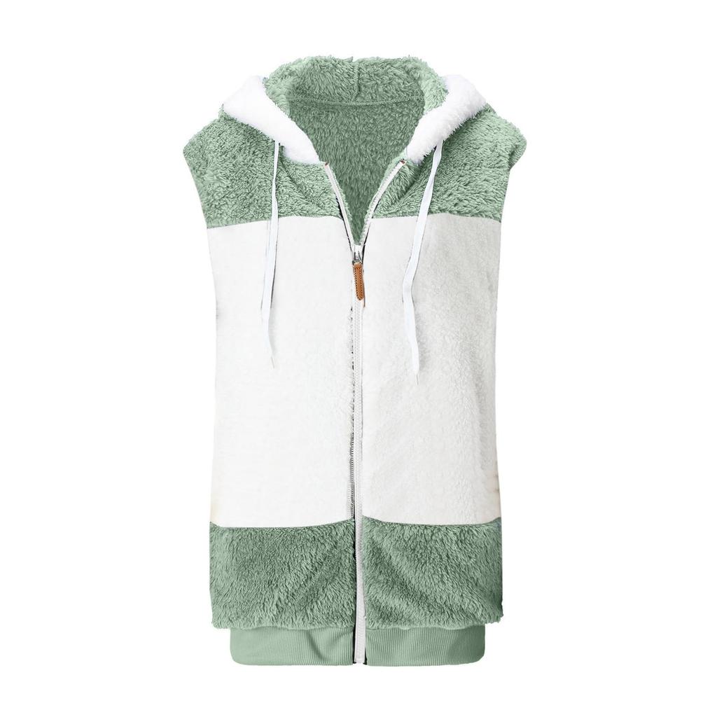 Women's Fashionable Plush Zipper Pocket Hooded Sleeveless Loose Warm Vest Jacket