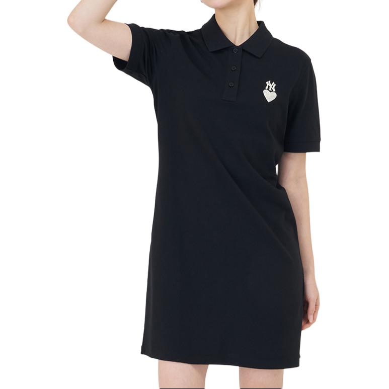 MLB Love Series New York Yankees Heart Embroidery Print Polo Collar Casual Mid-Length Short Sleeve Dress Women dresses Black 3FOPH0143-50BKS