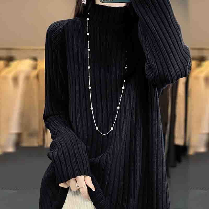 

Жіночі светри пуловери 2025 Осінь Зима Довгий рукав Напіввисокий комір Чорний В язаний светр Жіночі топи Пуловер JJ285 One Size чорний