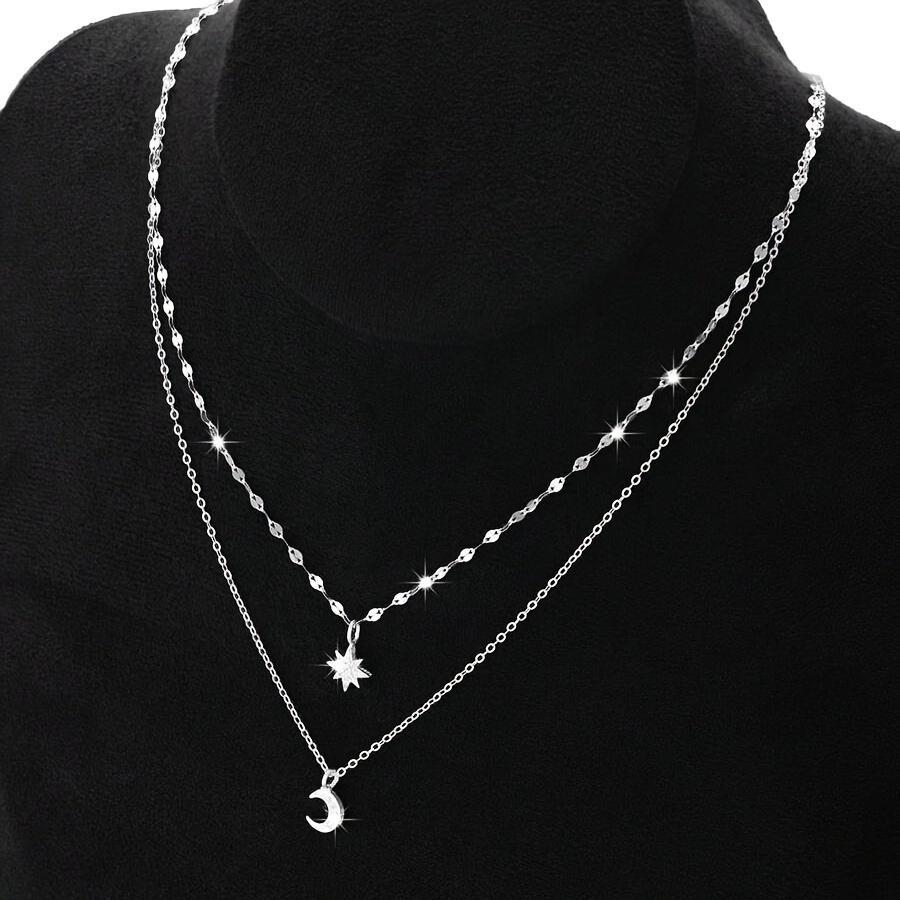 Star Moon Silvery Double Layer Necklace Multi-Layer Fashion Collarbone Chain Women's Jewelry Gift Perfect Accessory for Ramadan