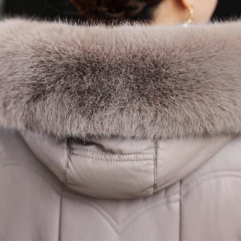Middelbare leeftijd Vrouw Winter Faux Schapenvacht Jassen Capuchon Bontkraag Elegant Dik Warm Winter Lange Parka's Dames Leren Jas