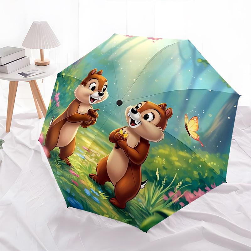Chips and Dale, Forest Themed Automatic Opening and Closing Umbrella, Brightly Colored 8-rib Portable Umbrella, Suitable for Men and Women