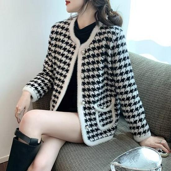 

Spring 2025 Women s Houndstooth Faux Mink Cardigan: Short, Loose, Slimming Knitted Top S