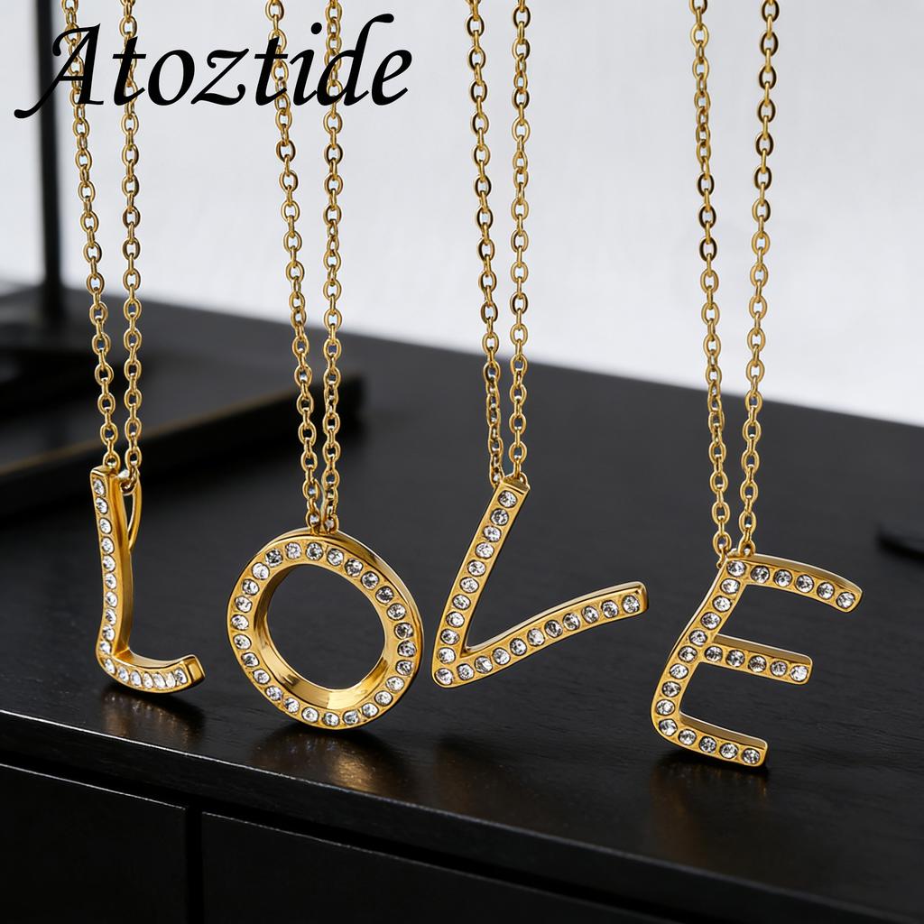 Atoztide Zircon Letter Pendant Necklace for Women Men Full Stone Alphabet Initial Name Monogram Charm Necklace Jewelry Gift