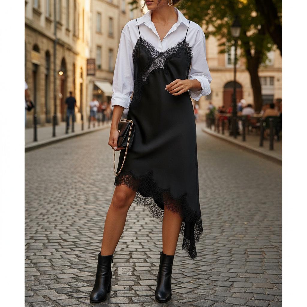 European & American Style Asymmetrical Lace-Trimmed Backless Spaghetti Strap Dress - Light Luxury