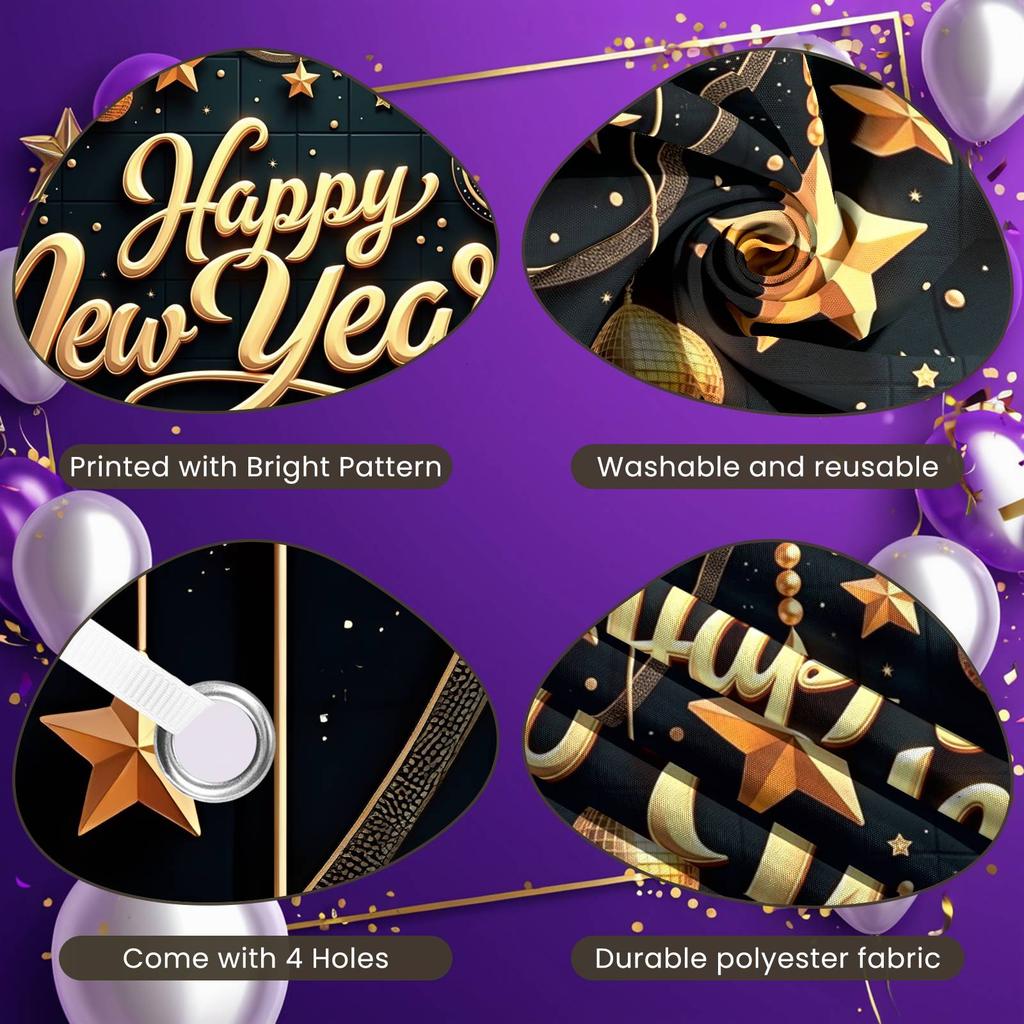 Holiday Celebration Banner Clock Gold Star Banner New Year Backdrop Shiny Design Happy New Year Banner For Office Celebration