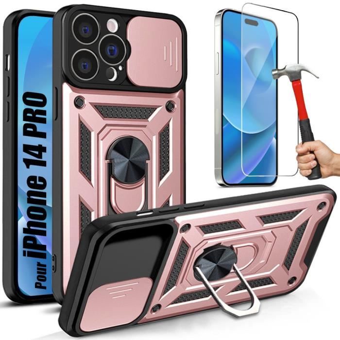 Coque pour iPhone 14 Pro - Rose - 2 Verres Trempés - Béquille Pivotante 360° - Protection Caméra