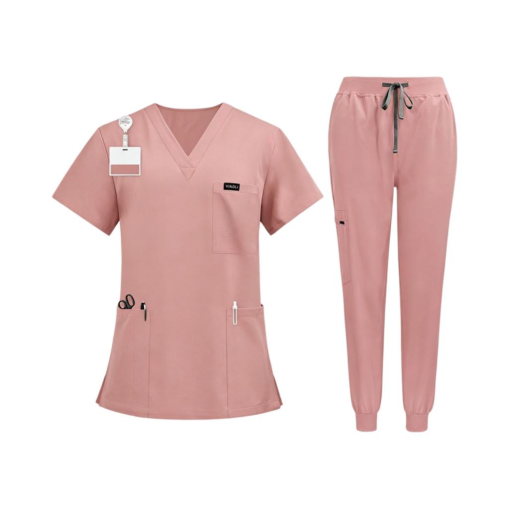 Conjunto de Uniforme Quirúrgico para Mujer con Top de Manga Corta y Cuello en V con Bolsillos, Pantalones Largos de Secado Rápido de Color, Uniforme para el Trabajo