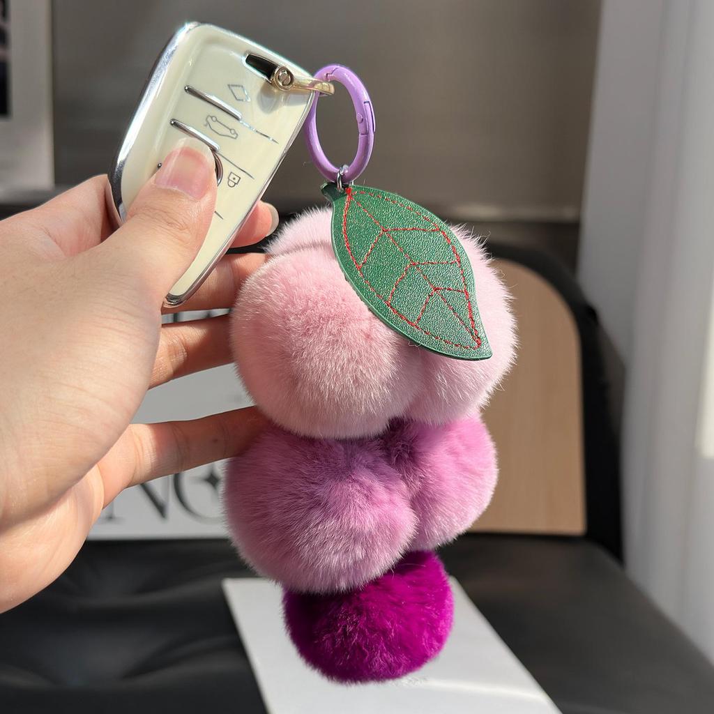Real Rex Rabbit Fur Grape Keychain & Bag Charm - Cute Pendant Pompon