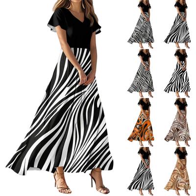 Women's Summer Casual Fashion Striped Printed Dress V Neck Short Sleeve Dress
