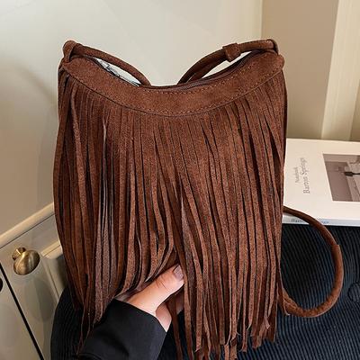 Fransen Damen Ein-Schulter-Tasche Modische Leder- und Samt-Retro-Mode Crossbody-Tasche