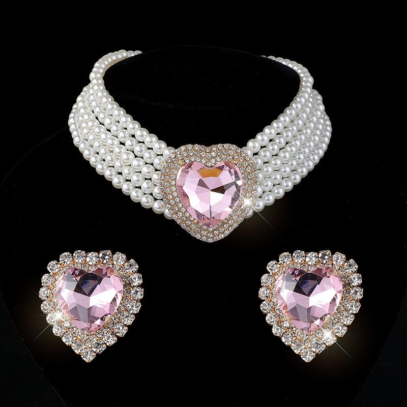 Exaggerated Multi-layer Imitation Pearl Peach Heart Crystal Necklace Earrings Set Bridal Love Rhinestone Neck Chain Women