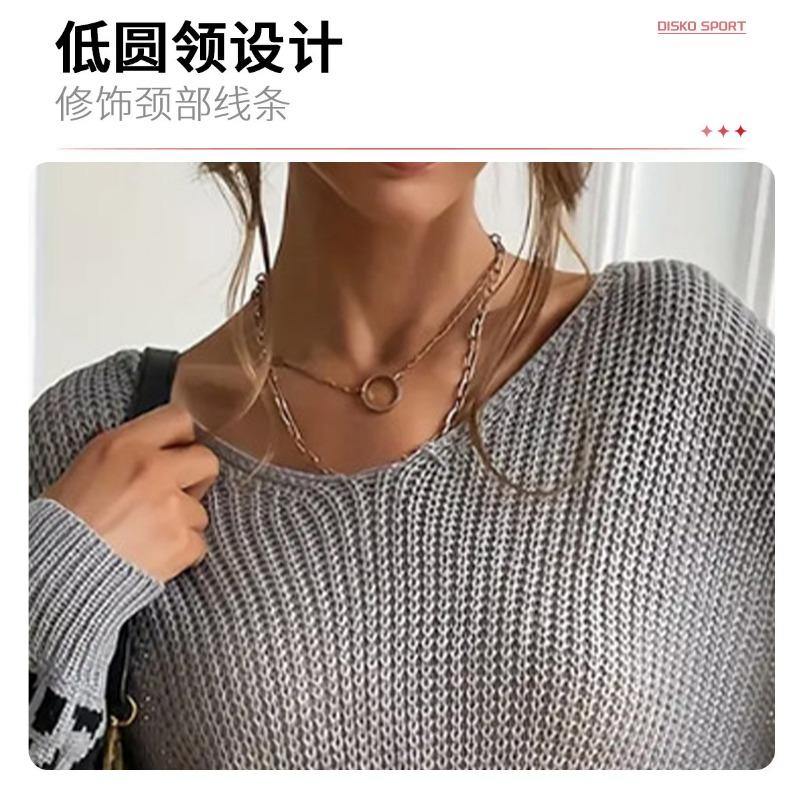 V Neck Loose Long Sleeve Leopard Print Knit Sweater For Women