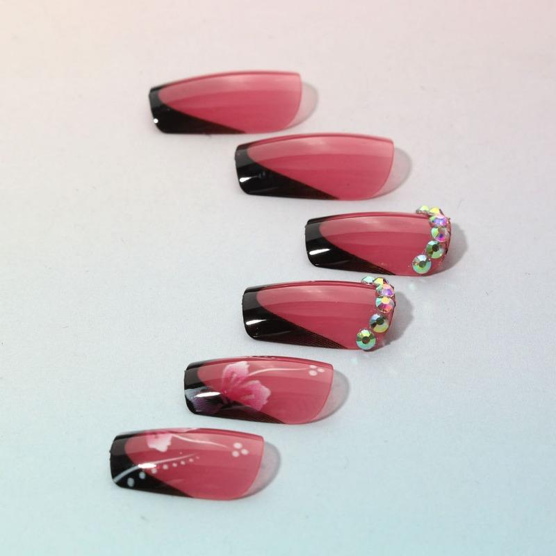 24 Piezas/Set Uñas Postizas Cuadradas Cortas Kit de Uñas Postizas Decoradas con Pedrería DIY para Mujeres, Kit de Arte de Uñas para Fiesta de Niñas Suministros para Uñas