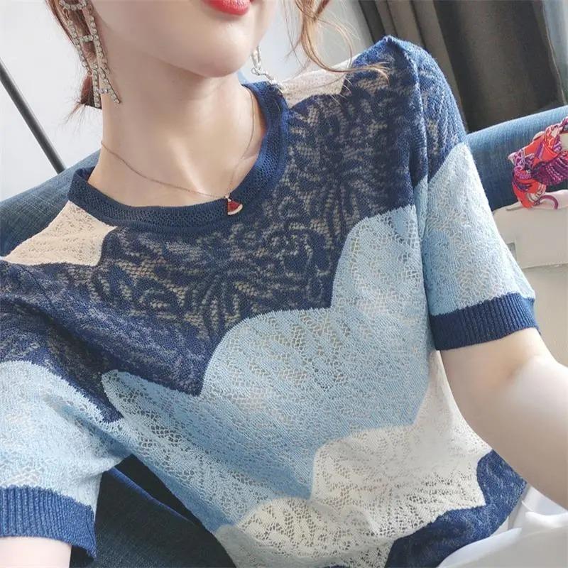 

Ice Silk Knitted Short-sleeved Women s Thin Summer New Style Loose Wavy Pattern Hollow Style Women s Top L синій