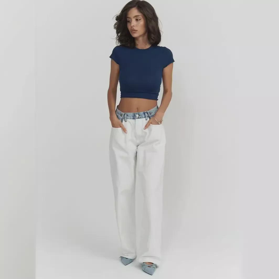 

Niche Fashion Контрастная талия Узкие прямые джинсы для женщин