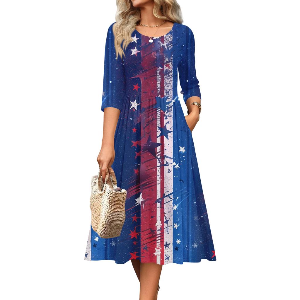 Women's Independence Day Dress - Casual Midi, Round Neck, Three Quarter Sleeves, Ruching Waist, for Spring Fall Parties