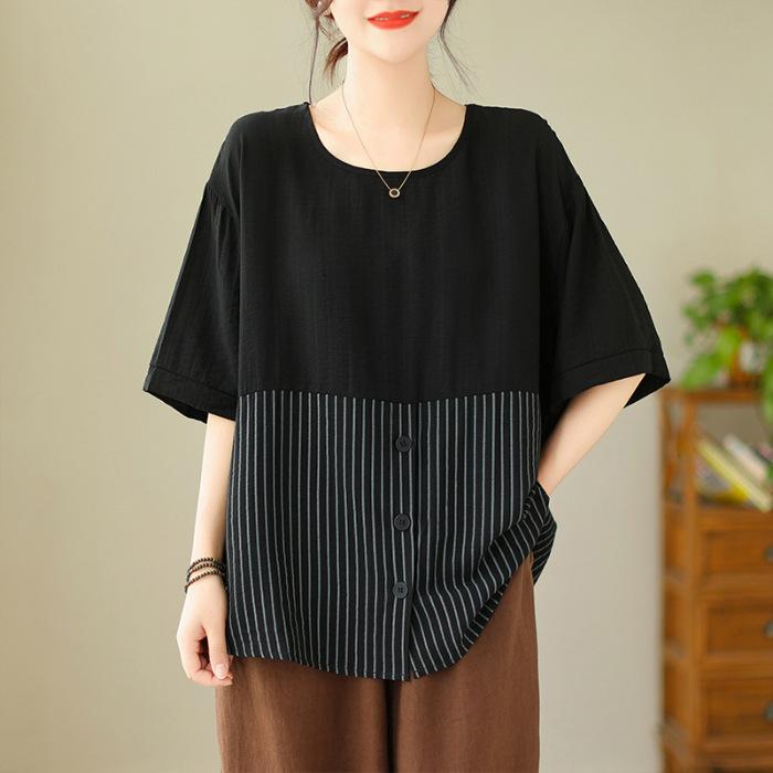 Plus Size Women's Retro Literary Pullover Loose and Thin Striped Blouse Stitching Short-sleeved T-shirt