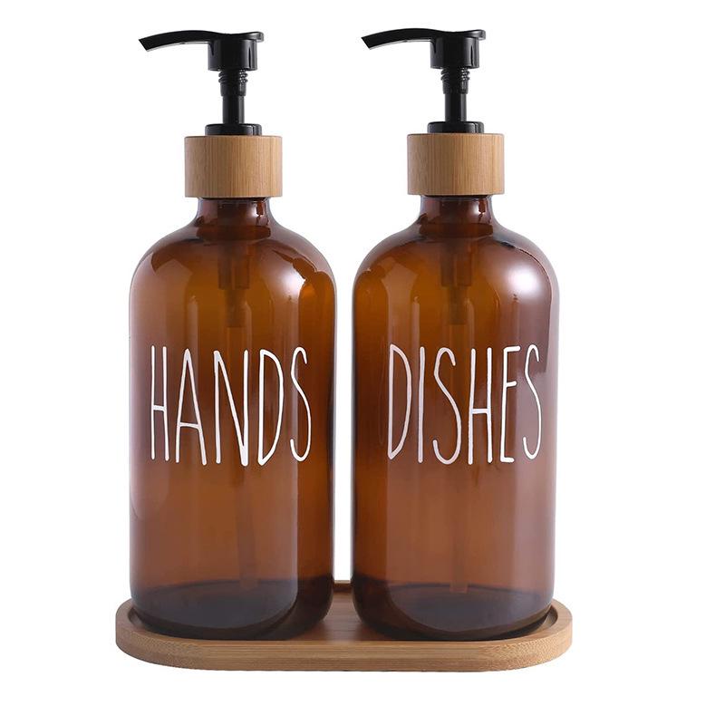 Hand soap glass refill bottle 500ml with black-and-white wood pump and lid.