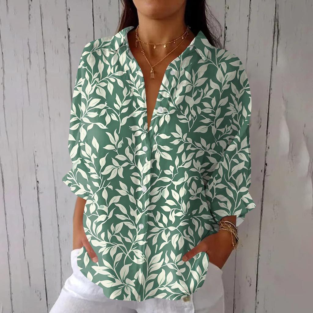 Mode Femme Chemise Décontractée à Revers à Sept Manches avec Lien au Dos T-shirt Imprimé Haut