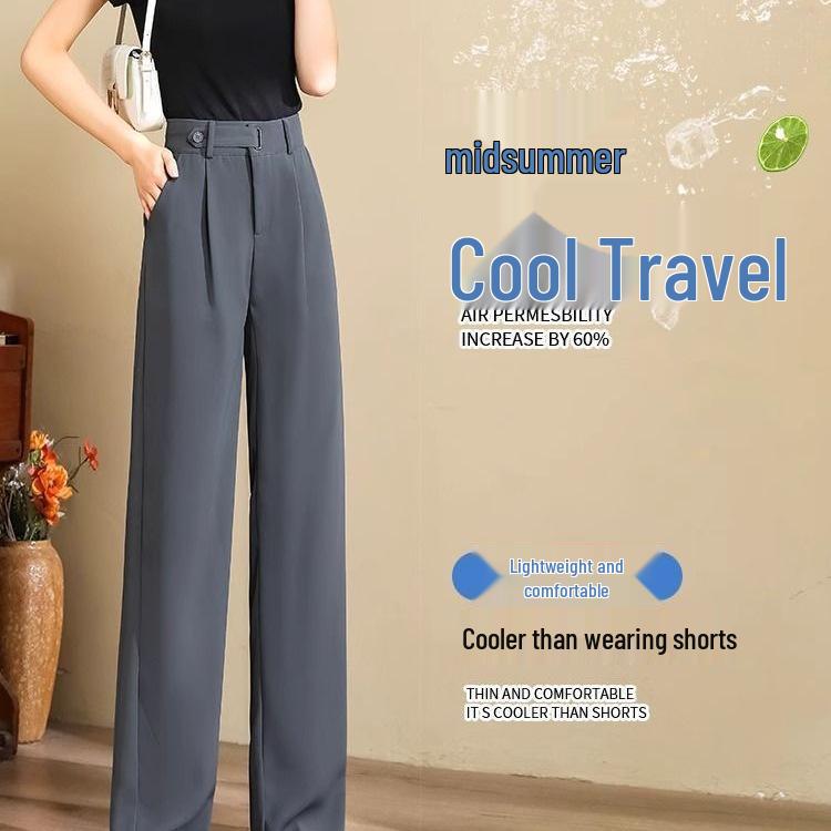 Women's Ice Silk Gray Slimming Wide-Leg Pants - Draped Summer Style