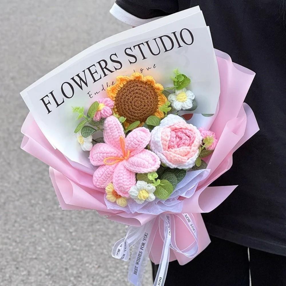 Cotton Crochet Flower Bouquet Sunflower Artificial Flowers Knitted Flower  Mother's Day Gift