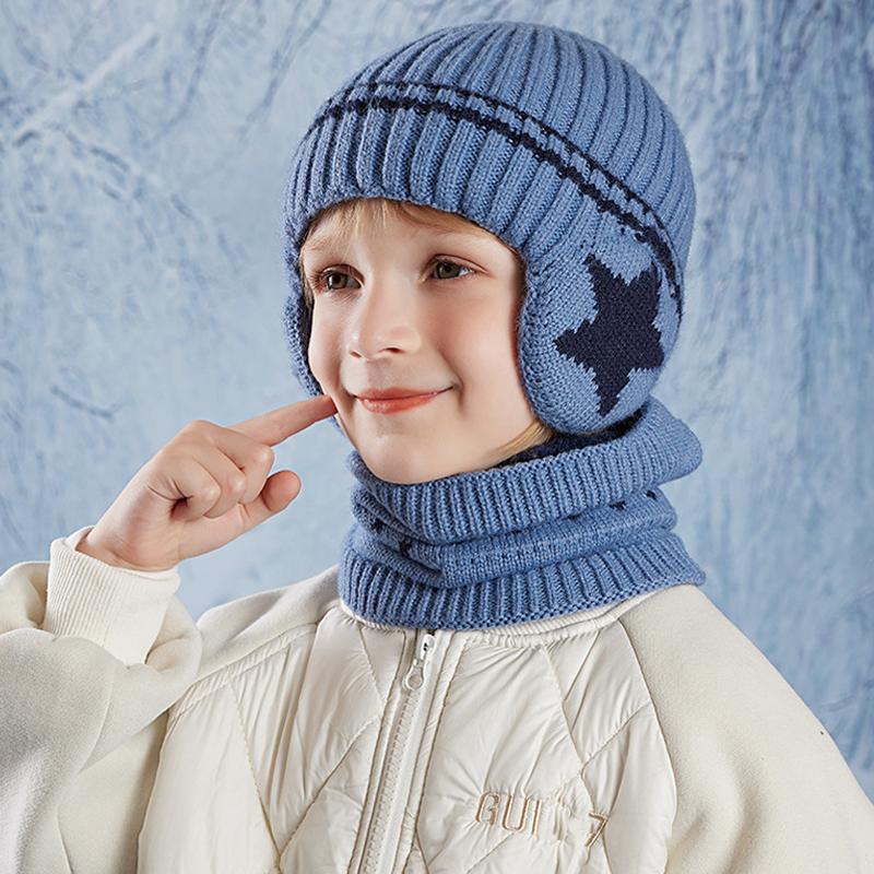 Children's Hat Scarf Suit Winter Velvet Warm Ear Protection Coldproof Knitted Wool Cap Boys Girls Pullover Cap