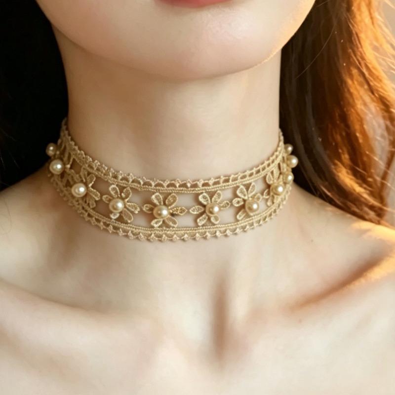 Korean Vintage Gold Lace Hollow Flower Beaded Choker Necklace For Women