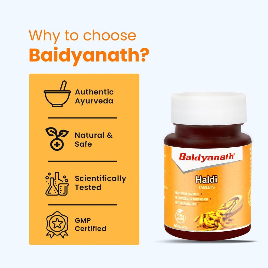 Baidyanath Turmeric Tablets Pack Of 2  X 60 Tabs Each 250mg Natural Haldi Extract For Immunity Skin Glow And Healthy Digestion Support