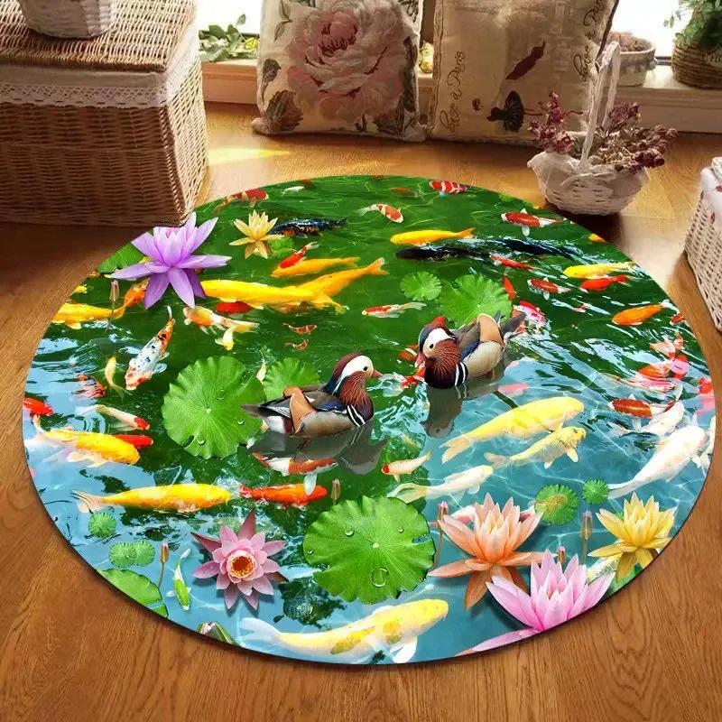 Lotus Landscape Painting Round Carpet Chair Sofa Carpets Home Living Room Bedroom Bathroom Floor Mat Printed Home Decorations