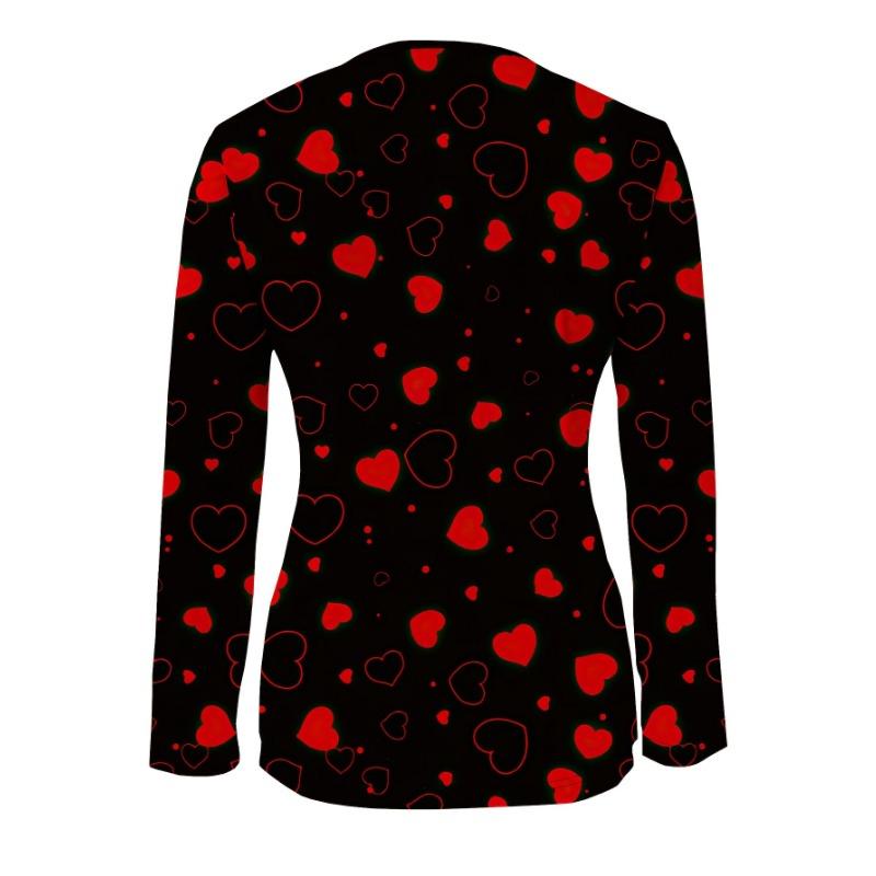 Valentine's Day Limited New Red and Black Love Printed Top Zipper V-neck Casual Women's Fashion Sweet and Cool Style Slim Fit Top for All Seasons