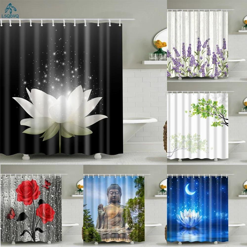 Lotus Buddha Rose Flower Green Leaves Lavender Butterfly Bathroom Accessories Set Shower Curtain with 12 Hooks