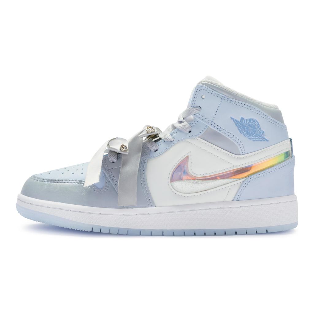 Jordan Air Jordan 1 Mid High top Vintage Basketball Shoes GS Blue Silver FQ9117-400(Team80-)